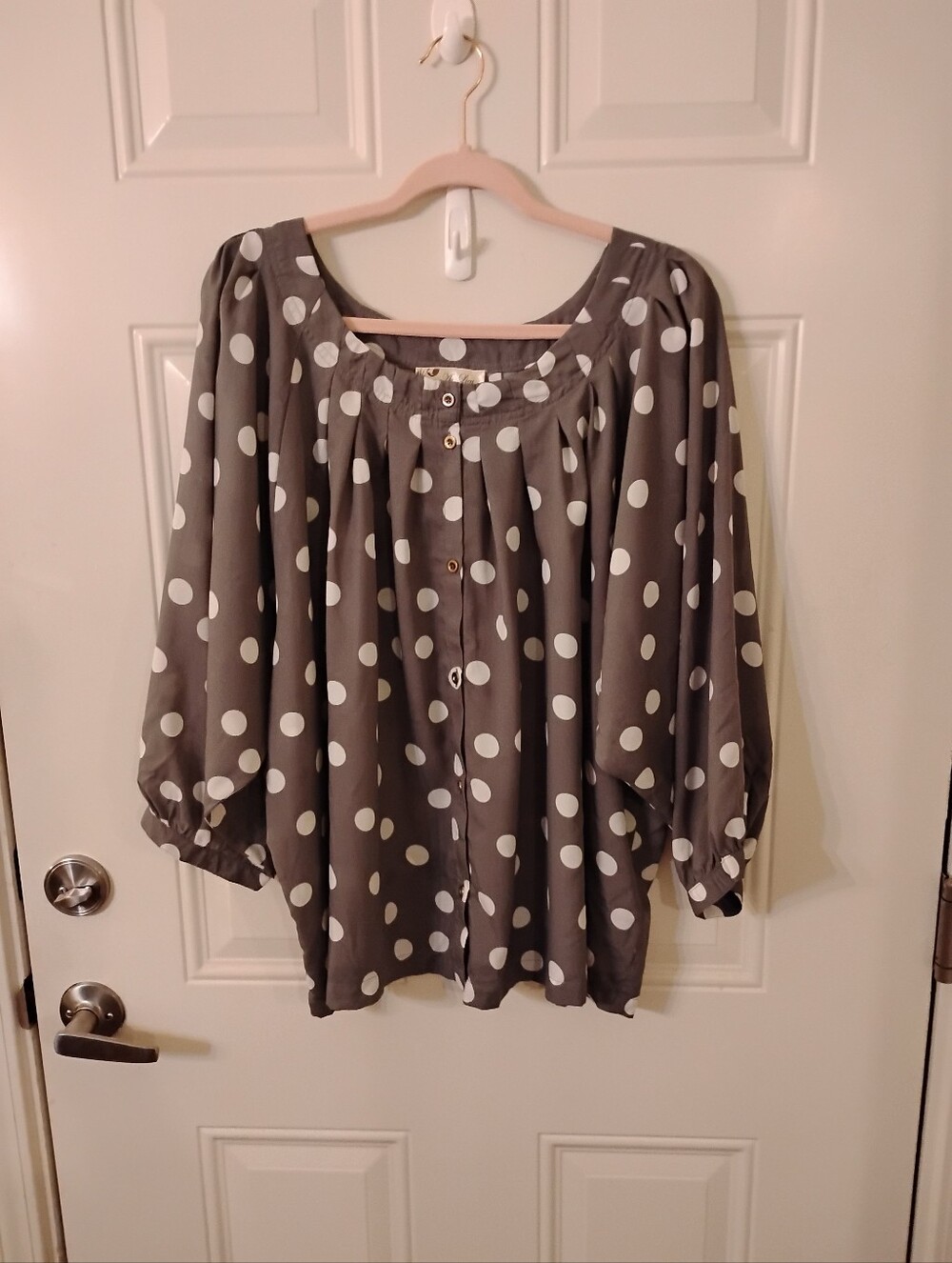 Polka Dot Button-Front Blouse in Gray and White Peasant Style Made In India